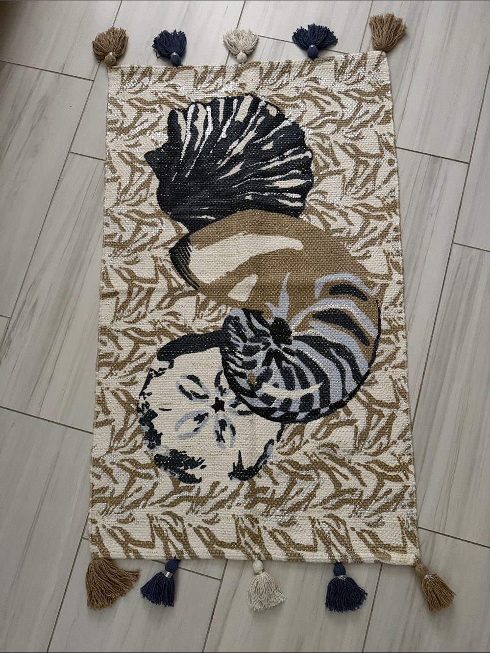 Coastal Inspired Area Runner Kitchen Rug with Tassels and Gold Accents